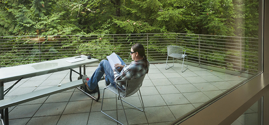 Student studying outside on the Boley patio. There are lots of great study spots on our campus, but the Boley Law Library's outdoor patio...