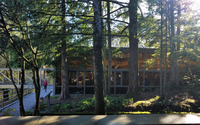 Exterior of Boley Law Library from under the McCarty Breezeway. Boley Law Library is the largest law library in Oregon, housing over 500,...