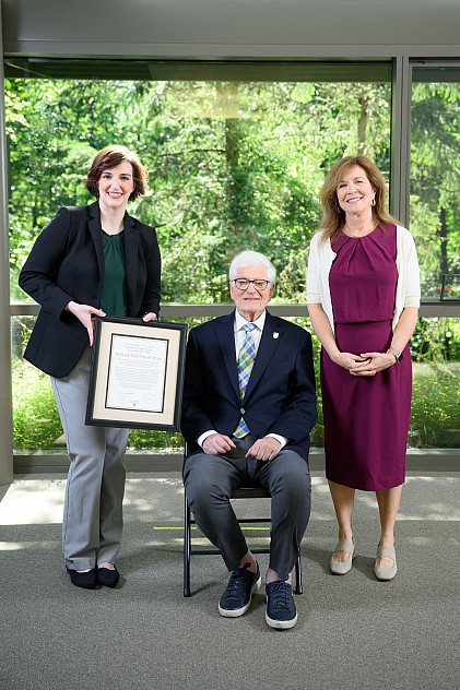Elli Tillotson '16, Dick Maizels '66, and Dean Alicia Ouellette