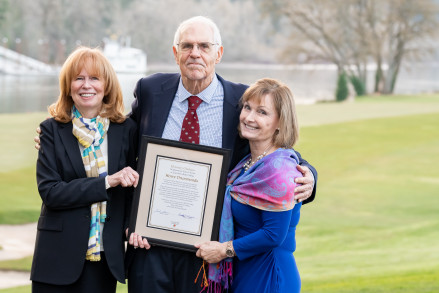 Dean Jennifer Johnson, Professor Henry Drummonds, Cathy Kirkland '87