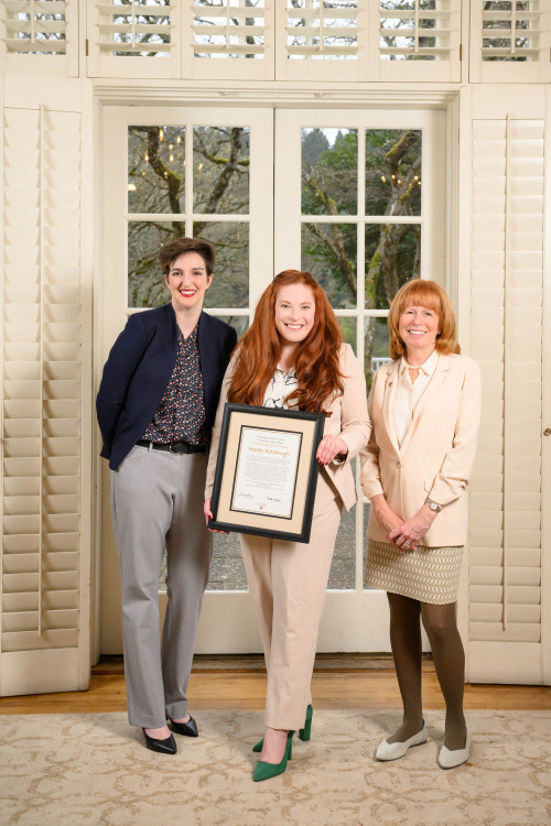 Natalie Hollabaugh '21, Community Spirit standing with Elli Tillotson '16 and Dean Jennifer Johnson