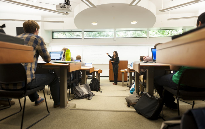 Professor Aliza Kaplan teaches in Wood Hall Classroom 8.  Wood Hall also houses nine private study rooms for group study, vast study spac...