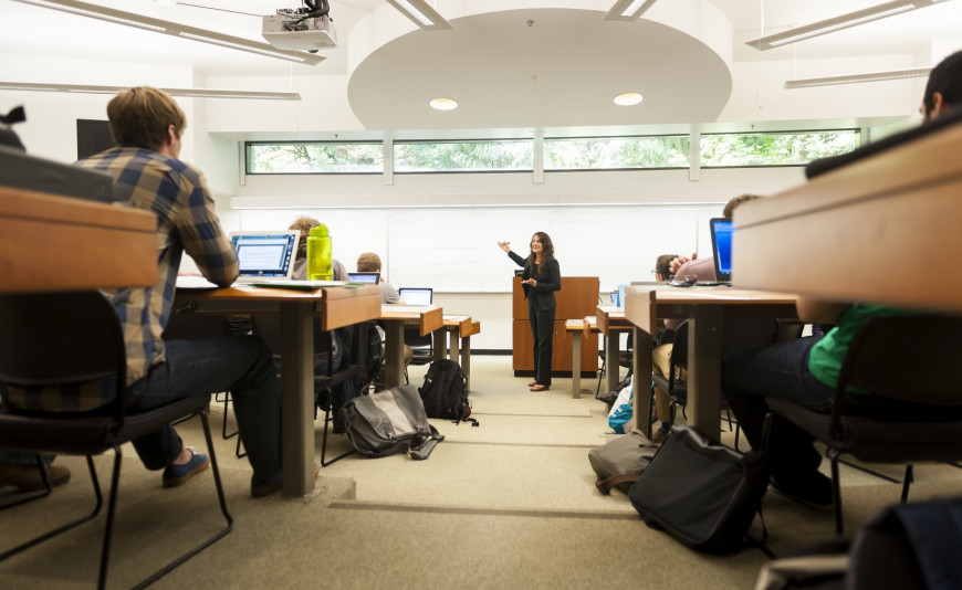 Professor Aliza Kaplan teaches in Wood Hall Classroom 8.  Wood Hall also houses nine private study rooms for group study, vast study spac...