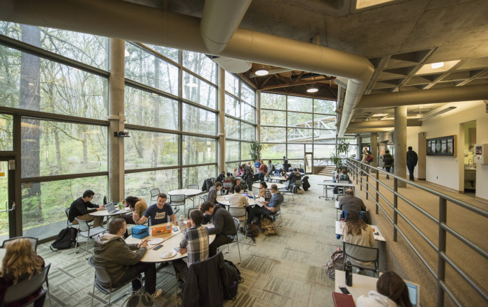 Legal Research Center (LRC) student lounge, lower level at lunchtime. All classes break during the lunch hour from noon to 1:20pm. Studen...