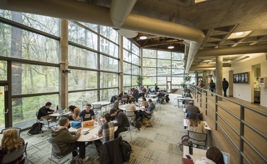 Legal Research Center (LRC) student lounge, lower level at lunchtime. All classes break during the lunch hour from noon to 1:20pm. Studen...