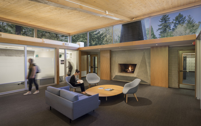 Students in Gantenbein lounge. With a fireplace and comfortable seating, Gantenbein lounge is still a popular gathering space for student...
