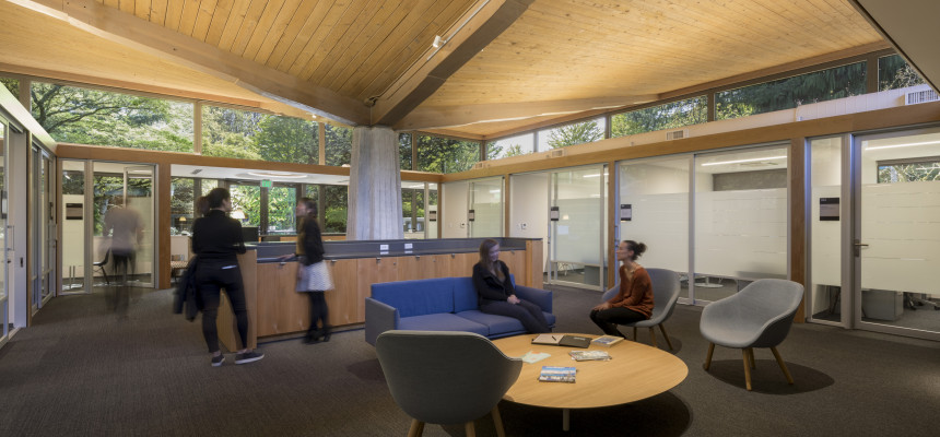 Students and staff inside Gantenbein. Originally a student lounge, the recently renovated John Gantenbein Building houses the law school'...