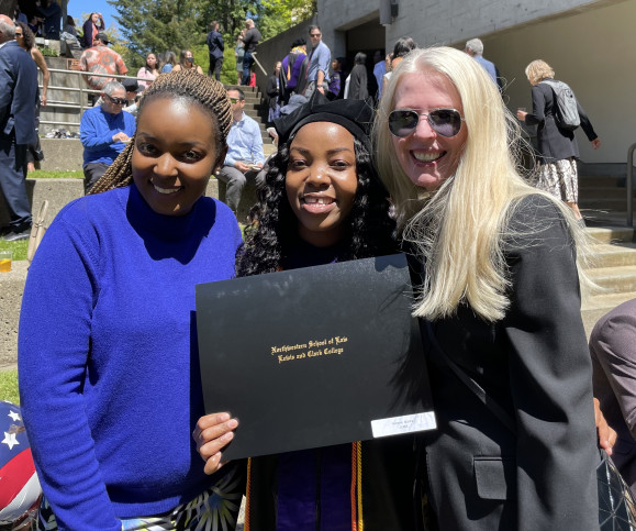 CALS Ambassadors Ever Chinoda (LLM' 17, Zimbabwe) and Yvonne Gurira (LLM' 22, Zimbabwe) with Professor Pamela Frasch