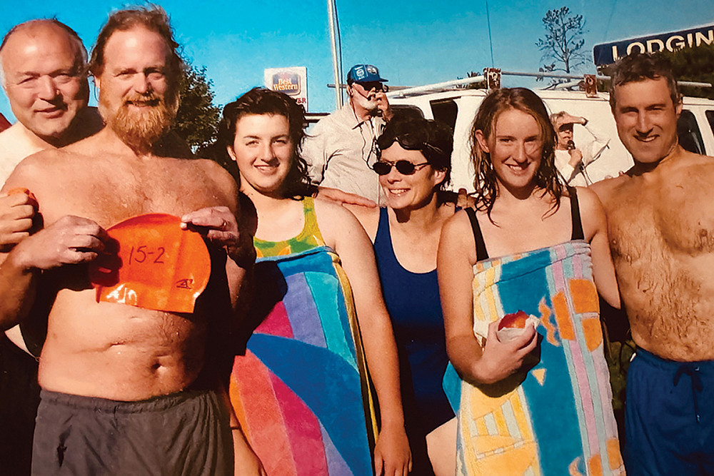 Joining Ray are (L - R), Russ Grattan '81, Russ's daughter, Francine Grattan, Maureen Leonard '82, Russ's daughter, Natalie Grattan, and ...
