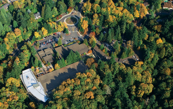 Aerial view of Lewis & Clark Law School.  Lewis & Clark Law is located in Southwest Portland just 10-12 minutes to downtown. Lewi...