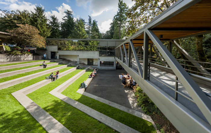 Looking down onto the Amphitheater from the end of the sky bridge. The sky bridge connects Boley Law Library and the Legal Research Cente...