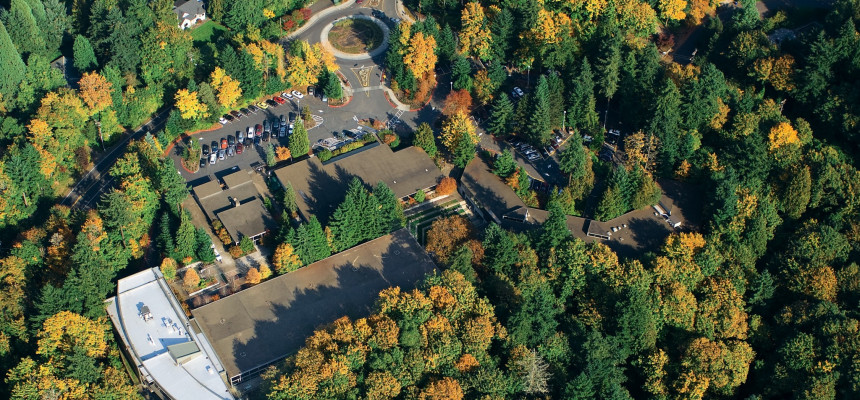 Aerial view of Lewis & Clark Law School.  Lewis & Clark Law is located in Southwest Portland just 10-12 minutes to downtown. Lewi...