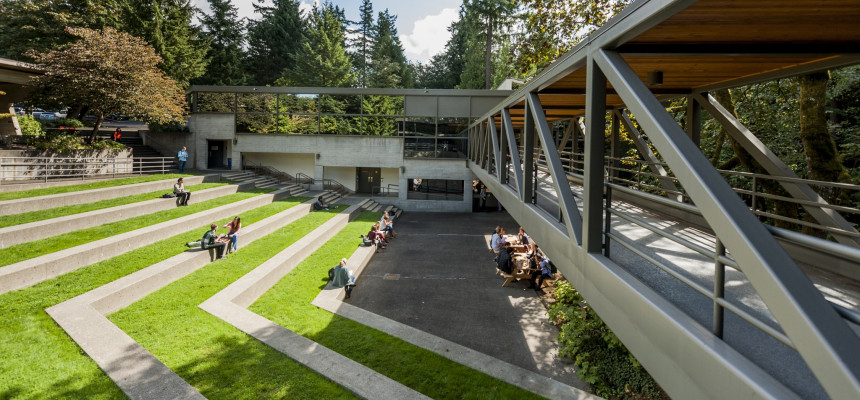 Looking down onto the Amphitheater from the end of the sky bridge. The sky bridge connects Boley Law Library and the Legal Research Cente...