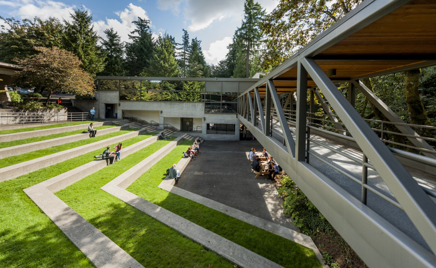 Looking down onto the Amphitheater from the end of the sky bridge. The sky bridge connects Boley Law Library and the Legal Research Cente...