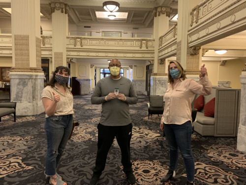 Client Joshua Wilburn with clinic student Taylor Rose and clinic attorney Mieke de Vrind.