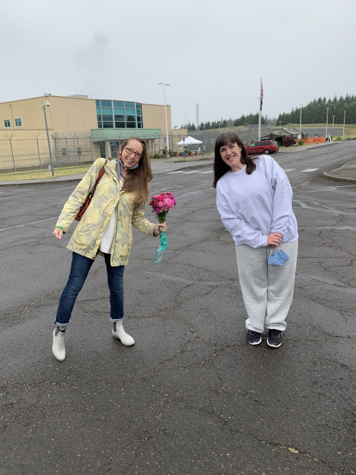 Client Juliette McShane (right) with clinic student Alison Kavanagh (left) at her release from prison following a commutation by the Gove...