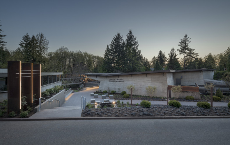 A twilight view of Lewis & Clark Law School buildings